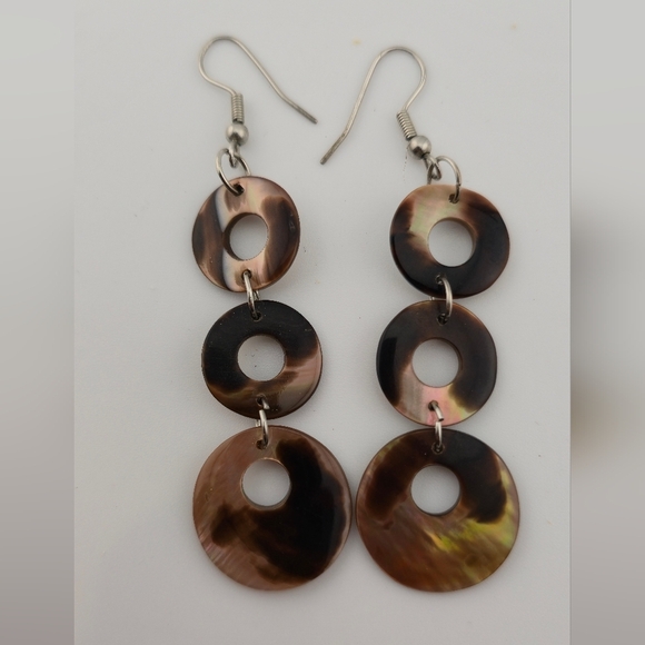 Iridescent Shell Dangle Earrings 3" Drop Triple Disc Boho Beach Jewelry Gift - Picture 3 of 10